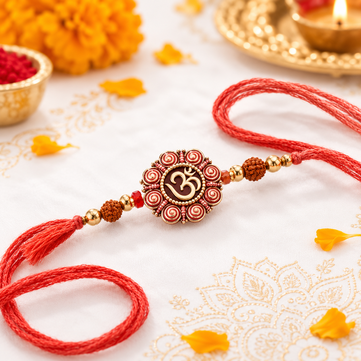 Om Rudraksha Rakhi with sacred Om symbol, natural Rudraksha beads, golden accents, and premium red thread